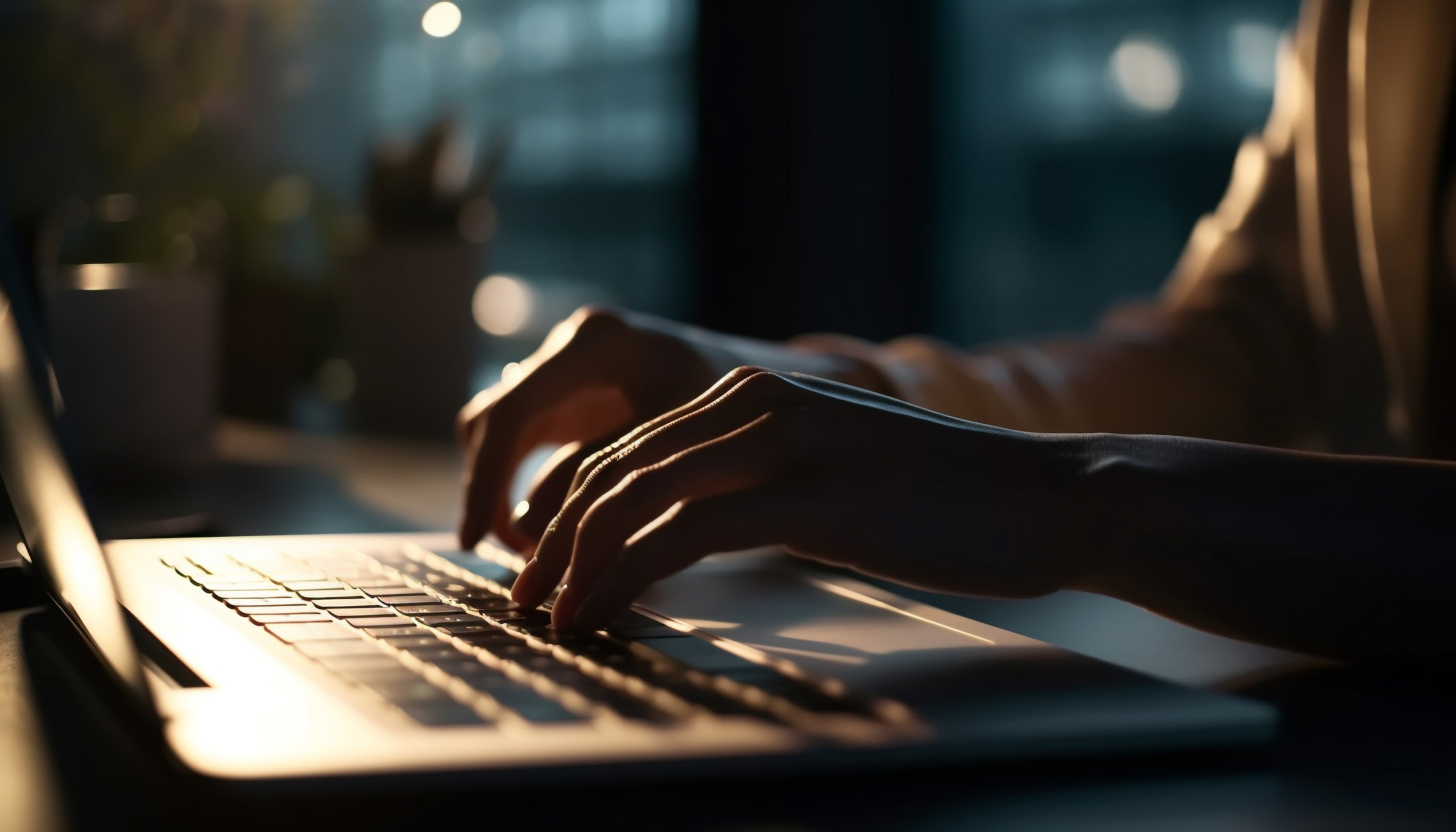 Woman using laptop in a dark room