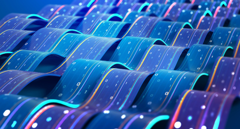 Big Data Cyber Strings. 3D illustration of wavy lines in information code field. Data flow cyber concept. Coding and technology. Java